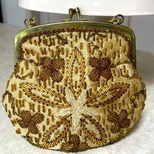 Vintage 1960s 60s Gold Beaded Crystals Silk Satin Evening Bag Purse Hong Kong